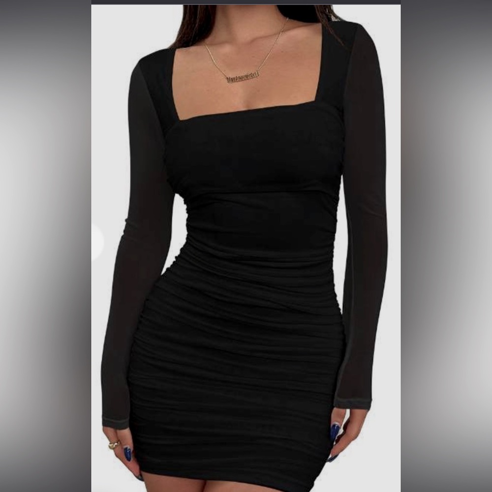 BORIFLORS Women's 
Ruched Bodycon Mini
Dress Mesh Long Sleeve Short dress